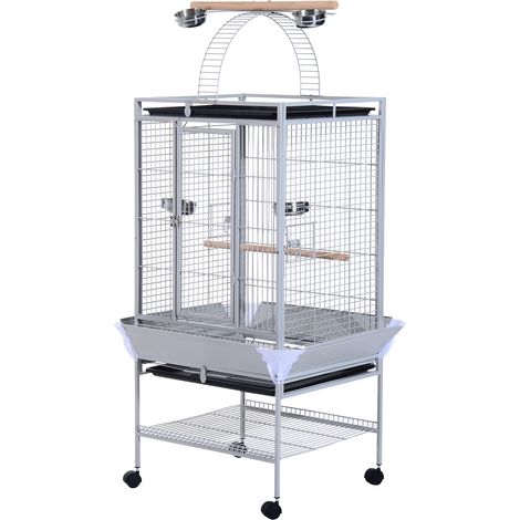 Gabbia uccelli con ruote altezza 161,5 cm, vasche acciaio e coperchi legno, argento