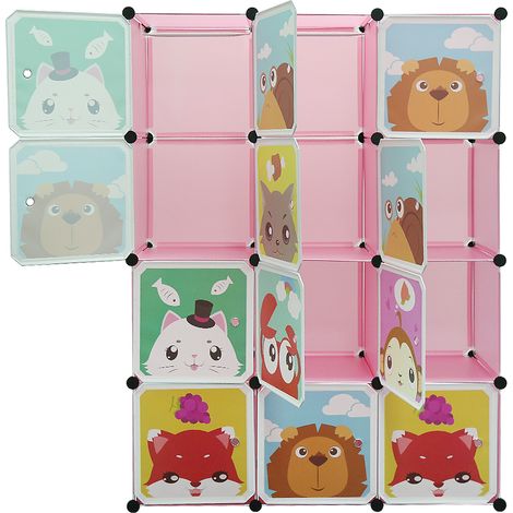 SiFree®Armoire De Rangement Etagère Plastique Enfants Rose, 12 Cubes Armoire Meuble de Chambre Pour Vêtements Chaussures Jouets Cartoon (1/5)