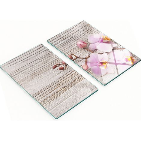 Tableros de vidrio con estampado decorativo de orqu铆deas sobre madera, 2x30x52 cm.
