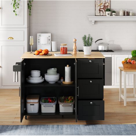 Isola cucina mobile 135x44x90 cm nero e naturale in MDF con piano ribaltabile, 3 cassetti, armadietto e ruote (1/5)