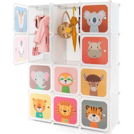 Armadio modulare per bambini a 12 cubi con 2 sezioni pensili, Cassettiera con graziosi motivi, Facile da montare, per camera da letto, cameretta dei bambini, Bianco (1/5)