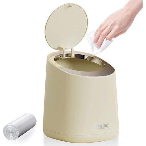 Poubelle de Table Avec Couvercle à Bouton-Poussoir, 2L Mini Poubelle Salle de Bain, Poubelle de Bureau Poubelle Salle Bain pour Salon, Bureau, Couleur Crème (13×14.7×17cm) (1/5)