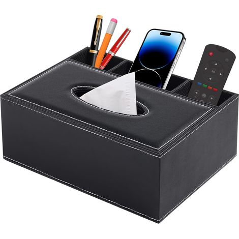 Rechteckige Taschentuchbox aus Leder mit Spender und 3 seitlichen Fächern, für Restaurant, Hotel, Büro und Auto, Schwarz