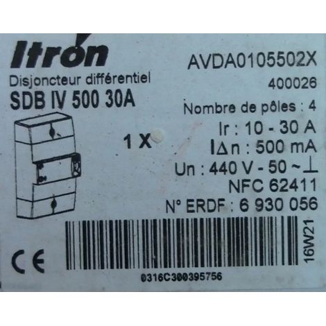 Itron 400026 Interruttore automatico di connessione - Diff 500Ma - 4P 10-30A - SDB IV 000 30A