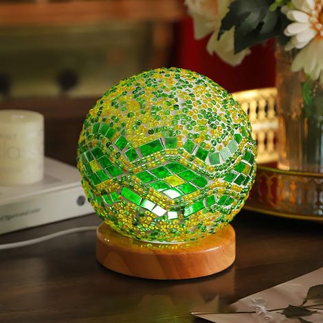Lampe de mosaïque verte baroque Vintage Retro teinté turc marocain bohème Tiffany côté lit coloré verre fait à la main avec base en bois USB charge décor lumière pour chambre (1/5)
