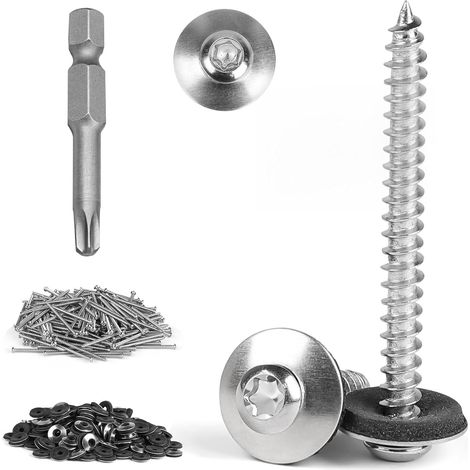 200 Pièces Vis de Ferblantier 4,5 x 60 mm en Acier Inoxydable, Vis avec Rondelle d'étanchéité EPDM et Embouts Torx T20 pour Machines, Industrie, Construction (1/5)