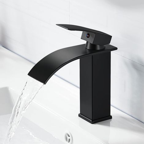Modern Elegant Design Sink Faucet, Brass Bathroom Sink Mixer Tap, Black Waterfall Faucet G 3/8 (1/5)