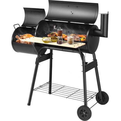 Barbacoa de carbón con ahumador 115 x 65 x 108 cm 2 prácticos estantes elegante diseño para exteriores en metal negro 200020072