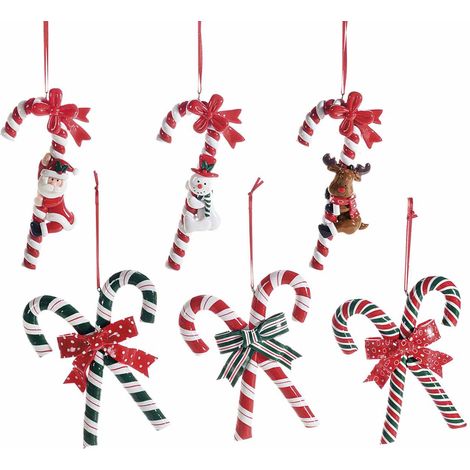 Bastoncini di zucchero con fiocco realizzati in pasta di resina lucida da appendere all'albero di Natale, set da 12 pezzi, cm 11 x 13 H