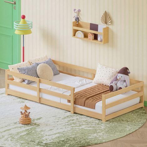 Letto Montessori per bambini in legno massello di pino naturale, 90x200 cm, con rete a doghe inclusa. (1/5)