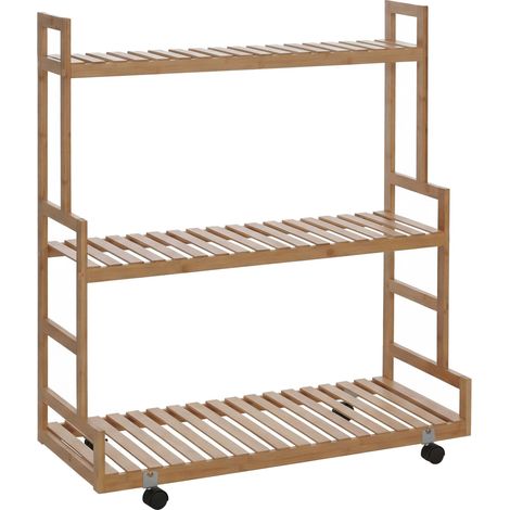 Bambus Pflanzenregal HHG-372, Blumentreppe Blumenständer Pflanzentreppe, 3 Ablagen Rollen 105x90x38cm natur