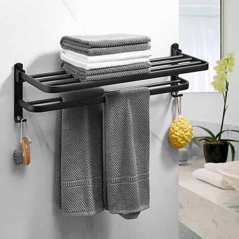 Porte-serviette mural pliable en aluminium noir mat – Double couche 60x21x17 cm – Résistant à la corrosion – Installation facile (1/5)