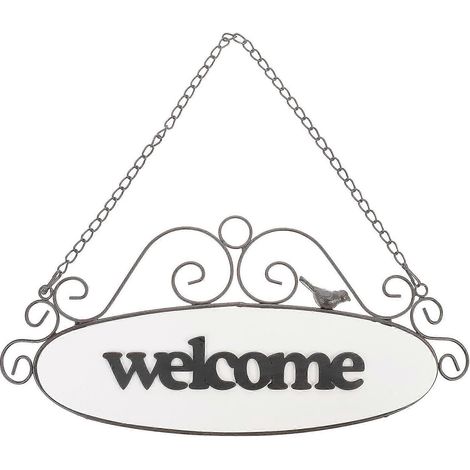 Plaque de porte décorative vintage en fer forgé, pendentif suspendu, bienvenue-43X20CM-White (1/2)
