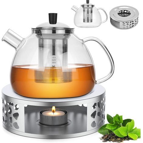 Teapot with Infuser, 1500 ML Glass Teapot + Candle Tea Warmer, Glass Teapot with Warmer, Removable Infuser and Stainless Steel Filter, Gifts and Home Decor