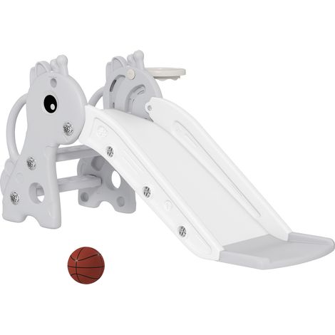 3-in-1 Kinderrutsche mit Giraffe, Basketballkorb, Klettergerüst und Ball – 106 x 51,5 x 52 cm – Grau