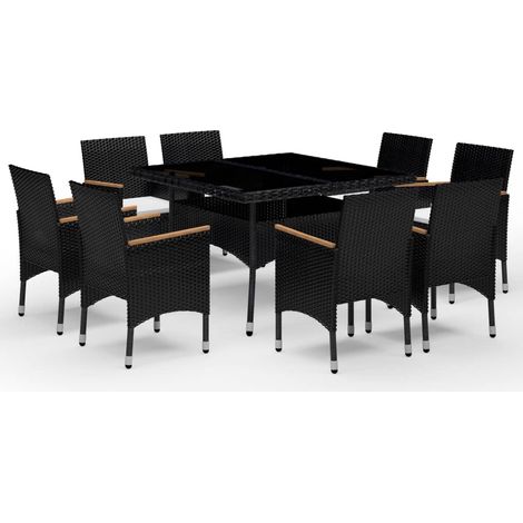 Ensemble à dîner salon de jardin meuble d'extérieur 9 pièces résine tressée et acacia noir (1/5)