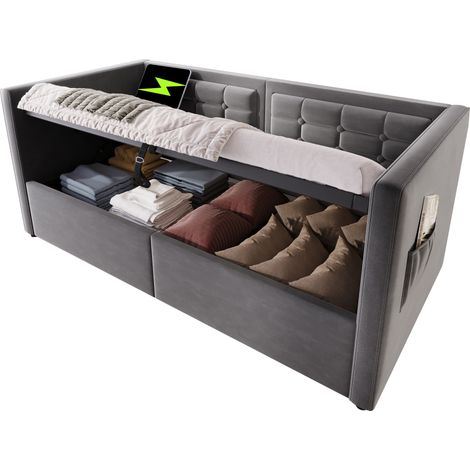 Lit banquette 90x190 cm en velours gris avec coffre hydraulique, ports USB et Type-C, poches de rangement, sommier à lattes, sans matelas  CHICFURN (1/5)