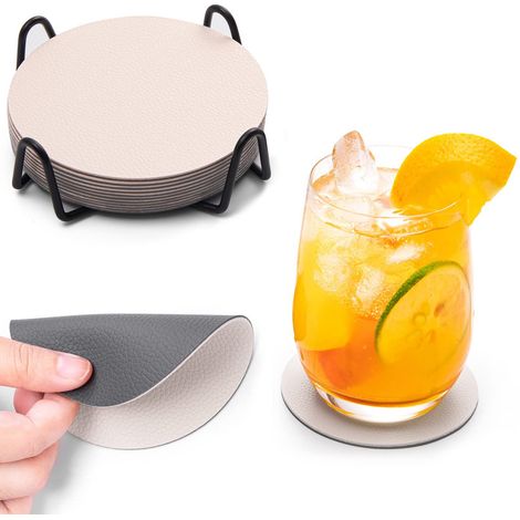 Lot de 12 sous-verres ronds en simili cuir (double face : crème/gris), hydrofuges et flexibles, pour lunettes, tasses et décoration de table,1001002,5 mm