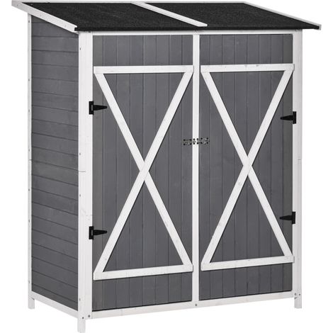 Abri de jardin en sapin gris et blanc avec toit en asphalte, 2 portes, 139x75x160 cm (1/5)