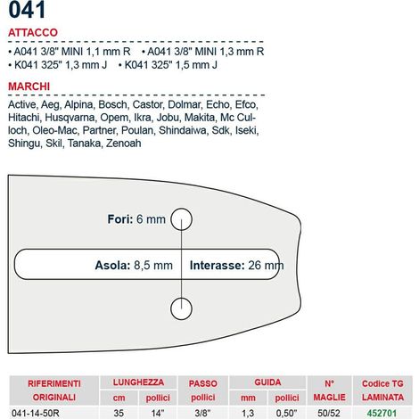 Barra motosega 5 cm - 14" passo 3/8" Spessore 1.3 mm - .050" attacco 041 - 452701