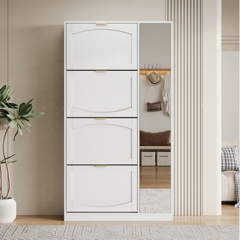 Meuble à chaussures avec miroir, 4 abattants, étagère réglable, blanc 80 x 24 x 147 cm DESVIAE (1/5)