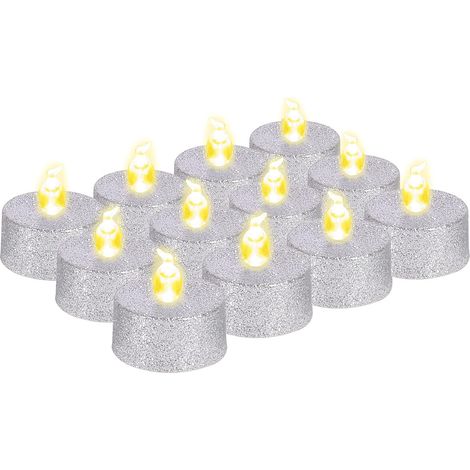 Set of 12 flameless LED tealight candles - Warm yellow light - For weddings, parties, gifts - Silver (1/5)