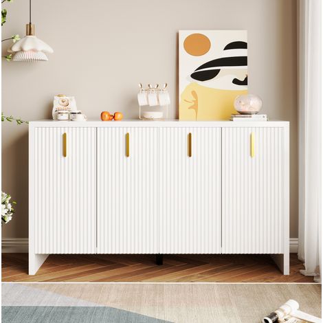 Credenza in truciolare bianco 140 x 38 x 80 cm con 4 ante, ripiano regolabile e maniglie dorate (1/5)