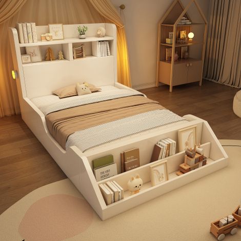 Lit enfant 90x200cm - avec bibliothèque amovible - tête de lit avec étagère - avec veilleuse - Blanc (matelas non inclus) (1/5)