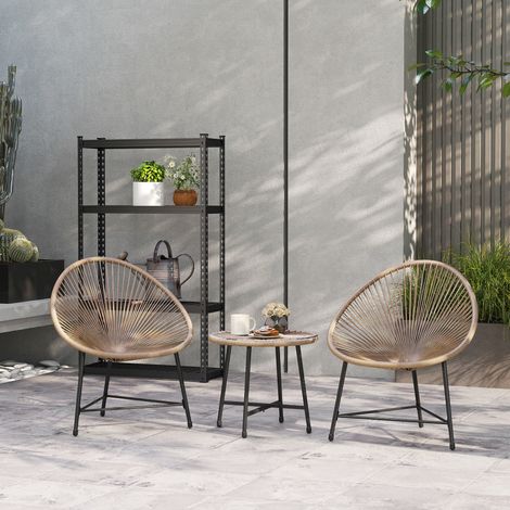 Set da Giardino 3 Pezzi in Rattan PE e Acciaio con 2 Sedie Ovali e Tavolino da Caffè, Nero e color Legno