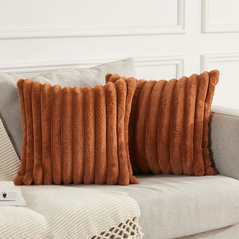 Lot de 2 Housses de Coussin Douces 35x35, Housse Decorative a Rayures Moelleuses pour Canape et Chambre, Marron (Sans Rembourrage) (1/5)
