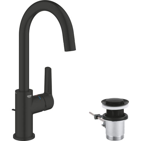 Mitigeur Monocommande Lavabo, Robinet Salle de Bains, Taille L, Economie d'Eau, Installation Facile, Rotation 360°, Tirette et Vidage, Noir Mat, 242032432 (1/5)