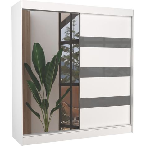 Les Tendances – Armoire de chambre 1 porte miroir – Bois laqué blanc et gris – 120 cm de large – Aménagement intérieur avec penderie et étagères réglables (1/5)