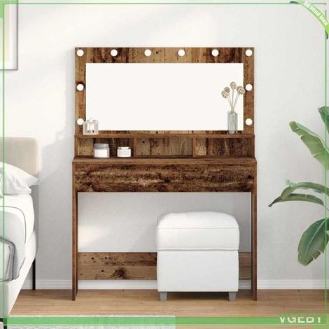 Coiffeuse - ABI - Bois ancien - 100 x 41 x 135 cm - Miroir intégré - Lumières LED (1/5)