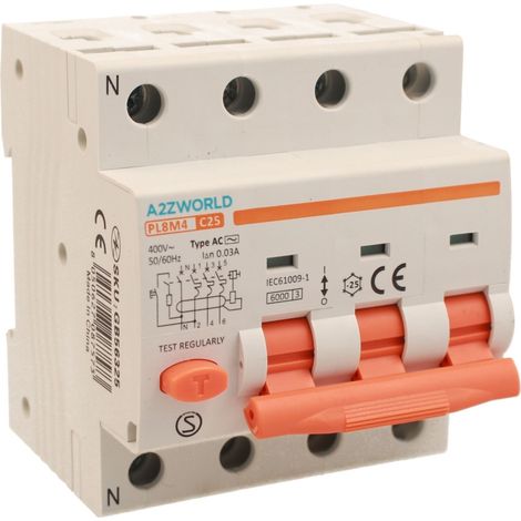 RCBO Interruttore Magnetotermico Differenziale Tipo AC Curva C 3P+N 4M 6000A 30mA AC 400V IP20 IEC61009-1 PL8M4, Corrente Disponibili 10A 16A 20A 25A 32A 40A (C25A) (1/3)