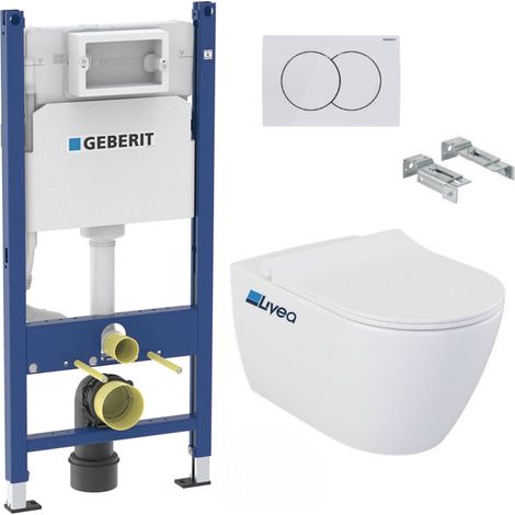 Geberit – Pack WC Bâti-support sans bride 57cm – Cuvette céramique blanche – Abattant soft close – Plaque de déclenchement Delta – BELLOGEB3