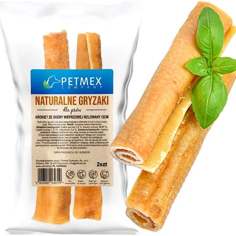 Premio masticable natural para perros Petmex Croqueta de piel de cerdo 12 cm, 2 uds.