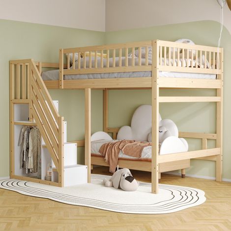 Lit en bois massif 140200, escalier avec armoire de rangement, haute rambarde, lit enfant, lit adolescent, cadre de lit en bois massif, couleur bois (Vecchio SKU : LDB00165AAN) (1/5)
