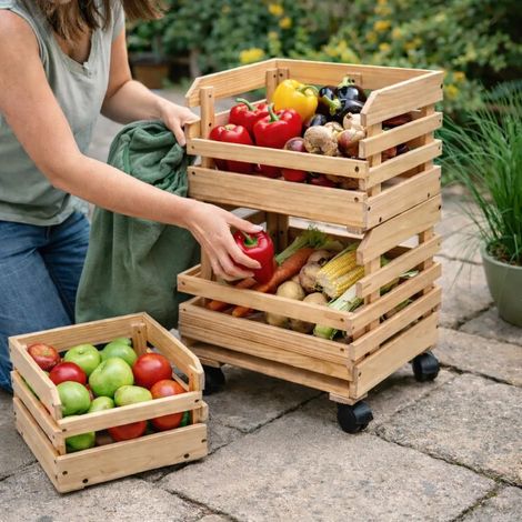 Lot de 3 caisses à fruits et légumes en bois de pin sur roulettes - 37x30x80 cm (1/5)