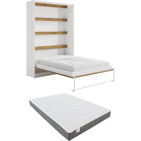 Lit escamotable 140 x 200 cm - Ouverture verticale manuelle - Avec LEDs - Blanc et naturel + Matelas - RAPILI