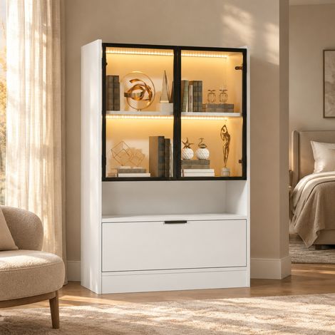 Vetrina 80/35/120 cm bianca opaca con LED RGB, ante in vetro e vano a ribalta (1/5)