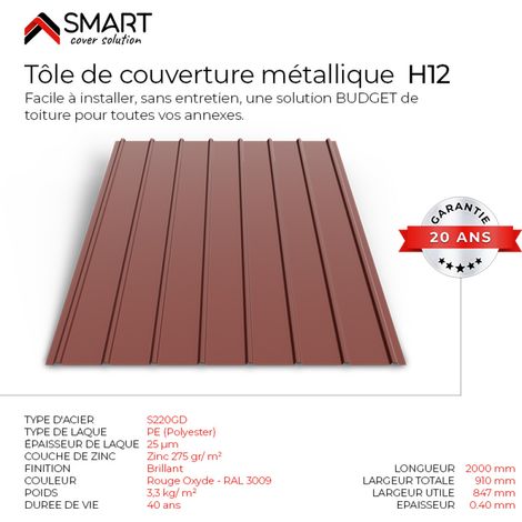 Bravo The Smart Solution – Tôle bac acier H12 – Couverture toiture – Coloris rouge oxyde RAL 3009 – Dimensions 2000x910x0.40 mm – Solution économique et durable (1/5)