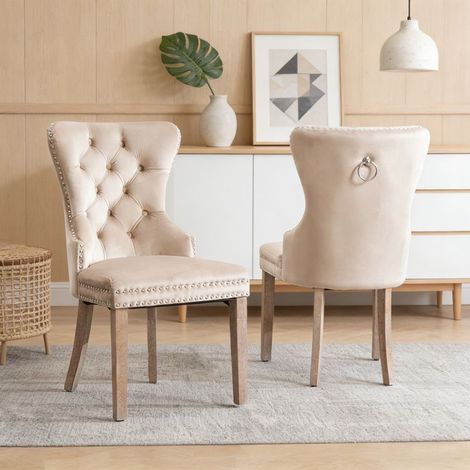 Sedia da pranzo - NEXU - Velluto imbottito - Piedi in legno massello regolabili - Set di 2 beige