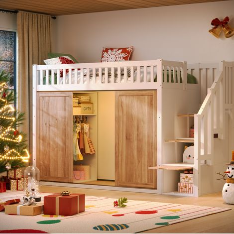 Lit 90x200 avec armoire et escalier, bois massif blanc chêne HAVRYA (1/5)