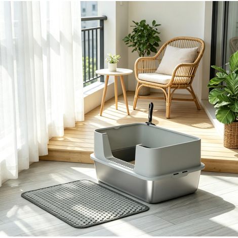 Lettiera XL per gatti in acciaio inox grigio, facile da montare, per gatti grandi FLORAGRACE (1/5)