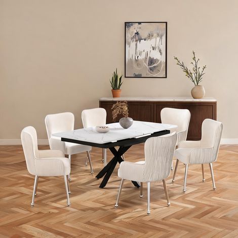 Lot de 6 chaises de salon en velours beige avec accoudoirs (1/5)