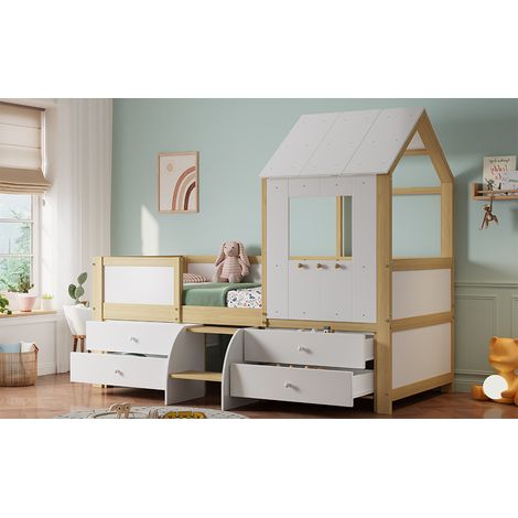 Lit cabane enfant 90x200 cm semi-haut blanc naturel (1/5)