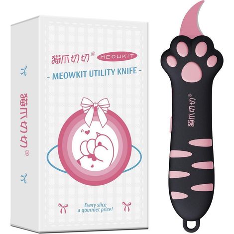 Cuttermesser mit Katzenpfoten-Griff, Edelstahlklinge, Schwarz&Rosa, Antihaftbeschichtung