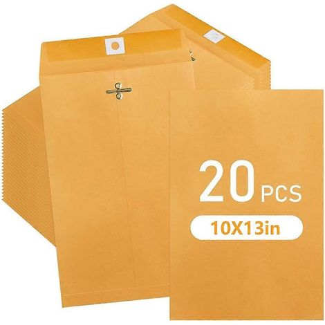 Packung mit 20 Kraftpapier-Umschlägen, 10 x 13 Zoll, mit Klammerverschluss und Gummierung, für Büro, Schule und Zuhause (1/5)