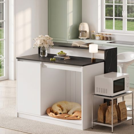 Îlot de cuisine multifonctionnel avec comptoir de bar - 120x80x100 cm - Blanc et aspect marbre noir (1/5)