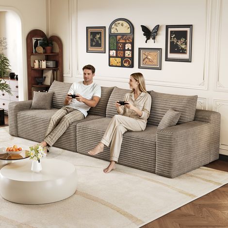 Canapé Convertible 4 places en velours côtelé camel, Canapé d'Angle Moderne ouverture express avec module modulaire, assise moelleuse, design minimaliste, montage non requis, sans armature (1/5)